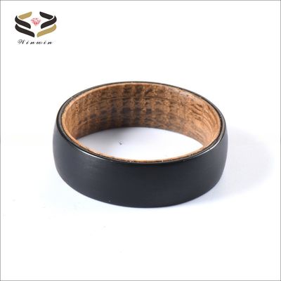 Geometric Pattern 8mm Black Brushed Tungsten Carbide Ring with Whiskey Barrel Wood Inlay Exquisite Wedding Band