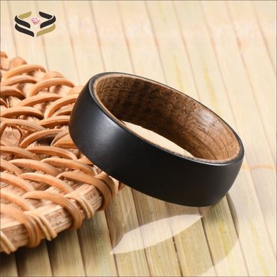 Geometric Pattern 8mm Black Brushed Tungsten Carbide Ring with Whiskey Barrel Wood Inlay Exquisite Wedding Band