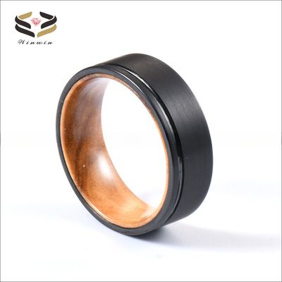8mm Flat Edge Brushed Olive Wood Inlay Sleeve Black Tungsten Ring Wedding Band Fashion Engagement Ring for Men Sample Making
