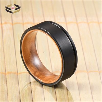 8mm Flat Edge Brushed Olive Wood Inlay Sleeve Black Tungsten Ring Wedding Band Fashion Engagement Ring for Men Sample Making