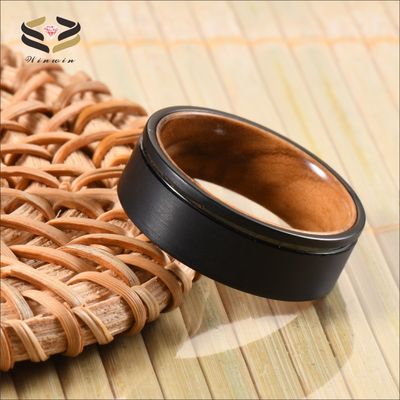 8mm Flat Edge Brushed Olive Wood Inlay Sleeve Black Tungsten Ring Wedding Band Fashion Engagement Ring for Men Sample Making