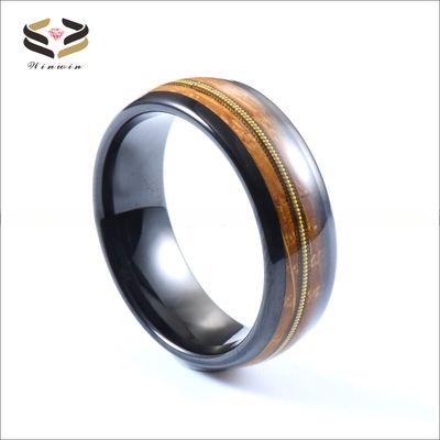 Custom 8mm Black Tungsten Carbide Ring with Polished Finish and Whiskey Barrel Wood Gold Guitar String Inlay in All Sizes
