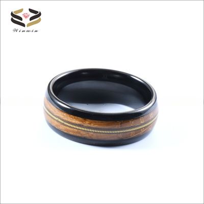 Custom 8mm Black Tungsten Carbide Ring with Polished Finish and Whiskey Barrel Wood Gold Guitar String Inlay in All Sizes