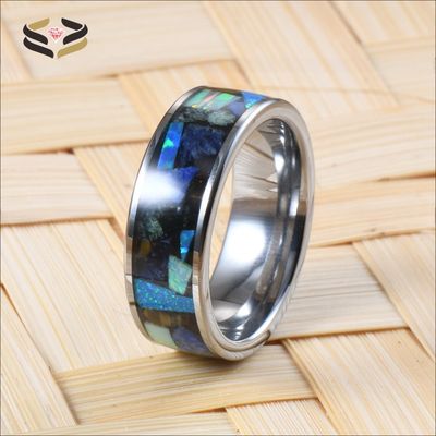 Jewelry Main Material Tungsten 8mm Mens Wedding Band with Gemstone Inlays Opal Lapis Lazuli Tiger's Eye Amethyst and More