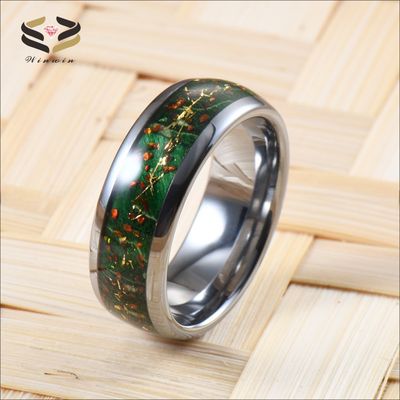 Opal Gold Foil Green Box Elder Wood Inlay Dome 8mm High Polished Tungsten Carbide Ring for Men Wedding Band