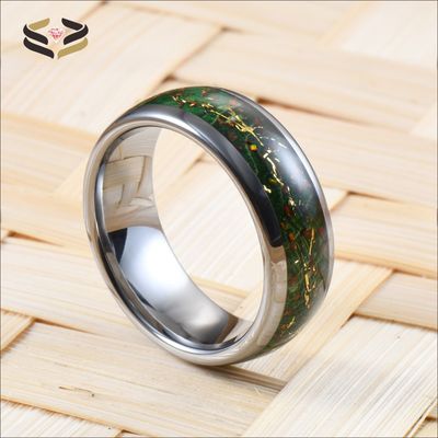 Opal Gold Foil Green Box Elder Wood Inlay Dome 8mm High Polished Tungsten Carbide Ring for Men Wedding Band