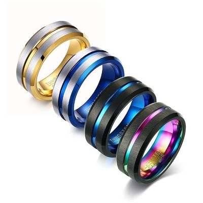 Third Party Appraisal 8mm Brushed Black Blue Gold Tungsten Ring Bevelved Edge Single Groove Mens Wedding Band Comfort Fit