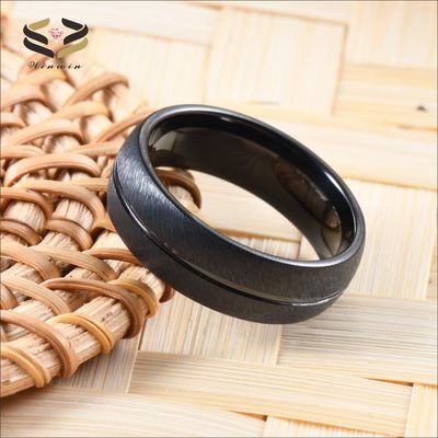 Party Occasion Black Tungsten Carbide Ring for Men Dome Brushed Single Grooved Engagement Wedding Band