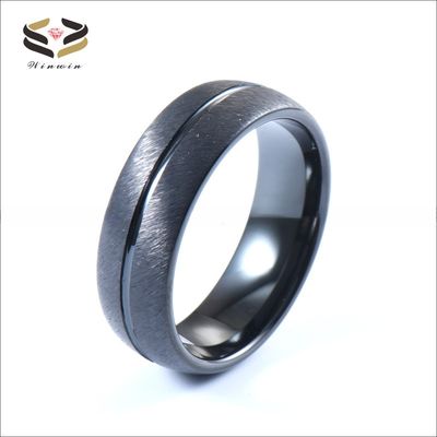 Party Occasion Black Tungsten Carbide Ring for Men Dome Brushed Single Grooved Engagement Wedding Band