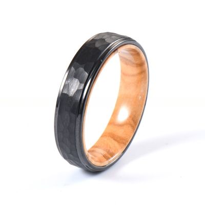 6mm Hammered Black Tungsten Carbide Ring with Olive Wood Liner A Perfect Combination of Style and Durability