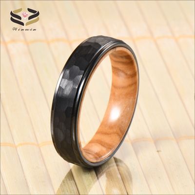 6mm Hammered Black Tungsten Carbide Ring with Olive Wood Liner A Perfect Combination of Style and Durability