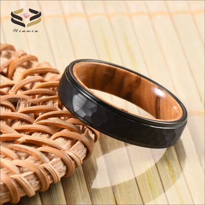 6mm Hammered Black Tungsten Carbide Ring with Olive Wood Liner A Perfect Combination of Style and Durability