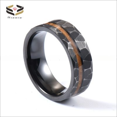 Trendy Vintage Whiskey Barrel Wood Inlay Black Hammered Tungsten Ring Wedding Band Men Ring for All Size and Other Material
