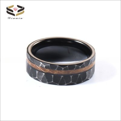Trendy Vintage Whiskey Barrel Wood Inlay Black Hammered Tungsten Ring Wedding Band Men Ring for All Size and Other Material