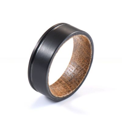 8mm Black Tungsten Ring Grooved Offest Whiskye Barrel Wood Liner Classic Style for Men Wedding Band Engagement Promise Gift