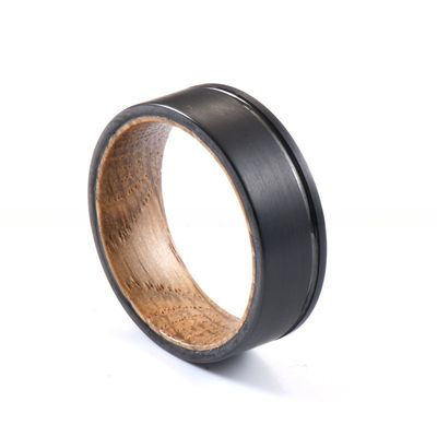 8mm Black Tungsten Ring Grooved Offest Whiskye Barrel Wood Liner Classic Style for Men Wedding Band Engagement Promise Gift