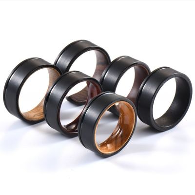 8mm Flat Offset Grooved Whiskey Barrel Wood Olive Wood Rosewood Liner Black Tungsten Carbide Rings for Party Occasion