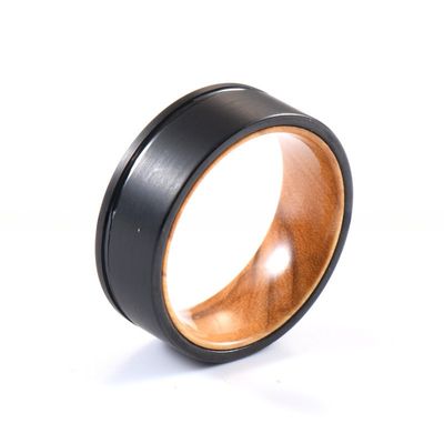8mm Flat Offset Grooved Whiskey Barrel Wood Olive Wood Rosewood Liner Black Tungsten Carbide Rings for Party Occasion