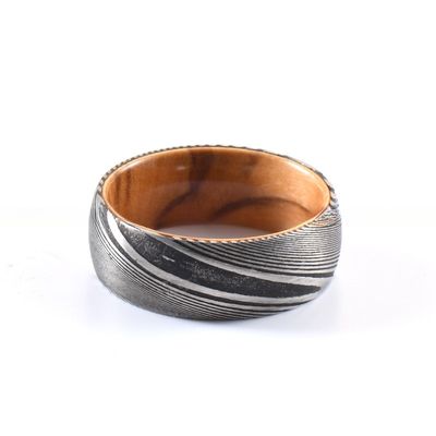 8mm Dome Latest Damascus Steel Ring With Olive Wood Sleeve Inlay for Men's Wedding Bands or Rings Third Party Appraisal