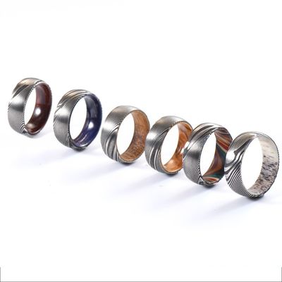 8mm Dome Latest Damascus Steel Ring With Polished Rosewood Sleeve Inlay Wedding Engagement Men's Gift Party TRENDY Style