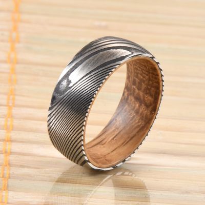 Geometric 8mm Dome Latest Damascus Steel Ring With Whiskey Barrel Wood Sleeve Inlay For Wedding Engagement Men's Gift