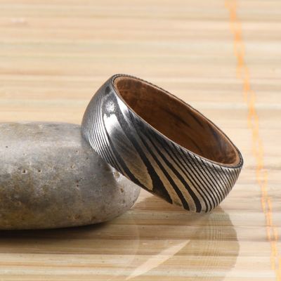 Geometric 8mm Dome Latest Damascus Steel Ring With Whiskey Barrel Wood Sleeve Inlay For Wedding Engagement Men's Gift