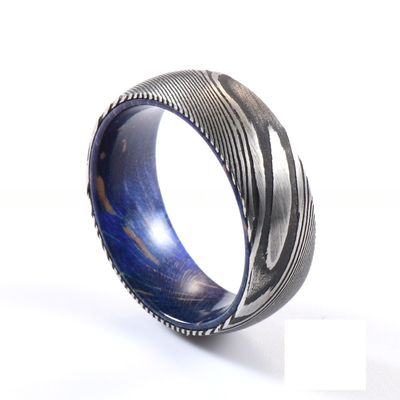 Sample Making 8mm Dome Latest Damascus Steel Ring With Blue Purple Wood Sleeve Inlay Wedding Engagement Men's Gift Party