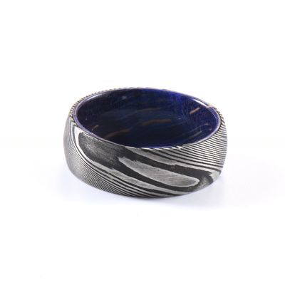 Sample Making 8mm Dome Latest Damascus Steel Ring With Blue Purple Wood Sleeve Inlay Wedding Engagement Men's Gift Party