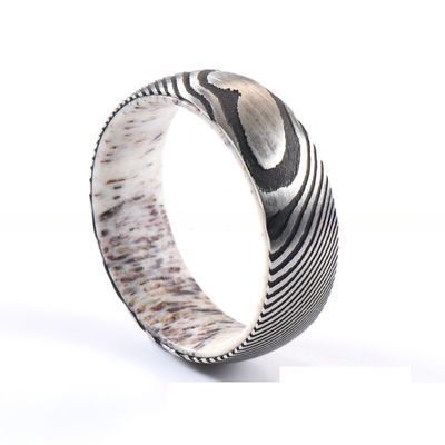 Channel Setting Inlay Technology 8mm Dome Damascus Steel Ring With Natural Deer Antler Sleeve For Men's Wedding Engagement