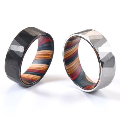 Sample Making Service 8mm Wedding Rings Box Elder Wood Colourful Hammered Black Faceted Tungsten Carbide Ring