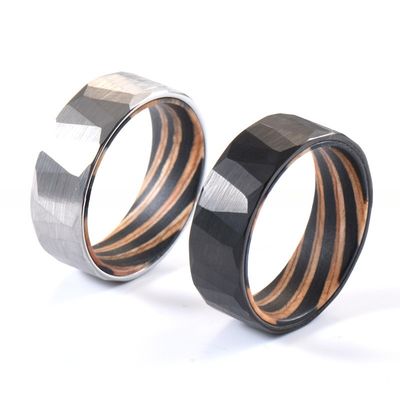 Gender Men's 8mm Faceted Style Silver or Black Tungsten Carbide Ring with Colorful Wood Insert Comfort Fit
