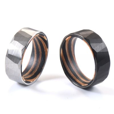 Gender Men's 8mm Faceted Style Silver or Black Tungsten Carbide Ring with Colorful Wood Insert Comfort Fit