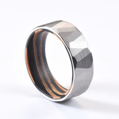 Gender Men's 8mm Faceted Style Silver or Black Tungsten Carbide Ring with Colorful Wood Insert Comfort Fit