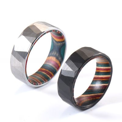 8mm Silver or Black Faceted Hammered Tungsten Carbide Ring and Colorful Box Elder Wood Inlay for Men's Wedding Gift
