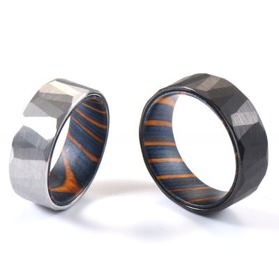 8mm Silver or Black Faceted Hammered Tungsten Carbide Ring and Colorful Box Elder Wood Inlay for Men's Wedding Gift