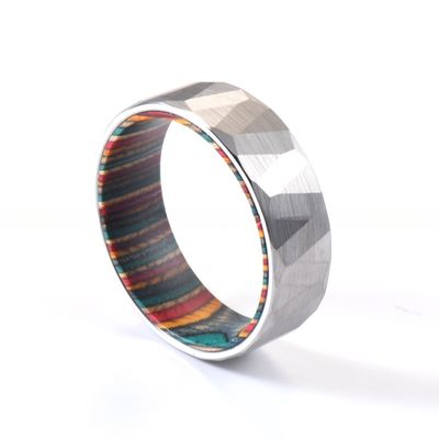 8mm Silver or Black Faceted Hammered Tungsten Carbide Ring and Colorful Box Elder Wood Inlay for Men's Wedding Gift