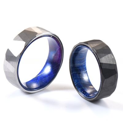 Blue Purple Box Elder Wood Inner Brushed Faceted Styles 8mm Classic Silver or Black Tungsten Ring for Men Wedding Bands