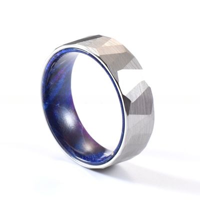 Blue Purple Box Elder Wood Inner Brushed Faceted Styles 8mm Classic Silver or Black Tungsten Ring for Men Wedding Bands