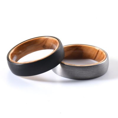Jewelry Type Dome Style Comfort Fit Men's Wedding Ring with Olive Wood Inlay 6mm Silver or Black Tungsten Ring