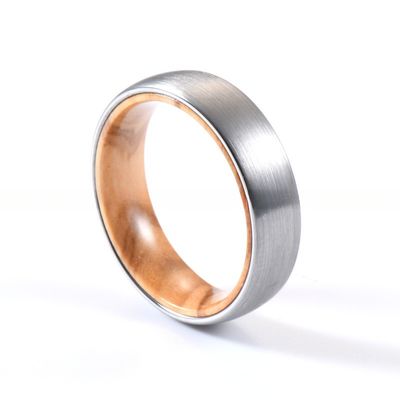 Jewelry Type Dome Style Comfort Fit Men's Wedding Ring with Olive Wood Inlay 6mm Silver or Black Tungsten Ring
