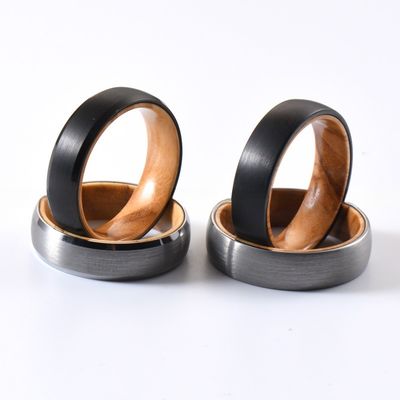 Jewelry Type Dome Style Comfort Fit Men's Wedding Ring with Olive Wood Inlay 6mm Silver or Black Tungsten Ring