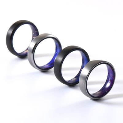 Gender Unisex Stylish Jewelry Gift Classic 6mm Beveled Tungsten Ring Black or Silver Plated with Blue Purple Wood Inside