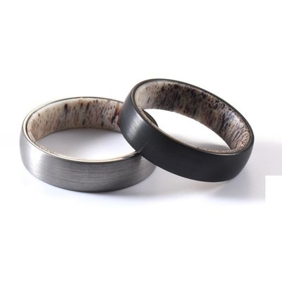 6mm Silver or Black Plated Wedding Engagement Band with Natural Deer Antler Inside Dome Edges Comfort Fit Geometric Shape