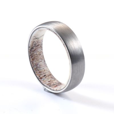6mm Silver or Black Plated Wedding Engagement Band with Natural Deer Antler Inside Dome Edges Comfort Fit Geometric Shape