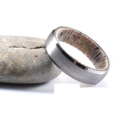 6mm Silver or Black Plated Wedding Engagement Band with Natural Deer Antler Inside Dome Edges Comfort Fit Geometric Shape