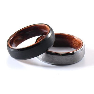 Tungsten Ring Men's Women's 6mm Silver or Black Plated Wedding Engagement Band Rose Wood Inside Beveled Edges Comfort Fit