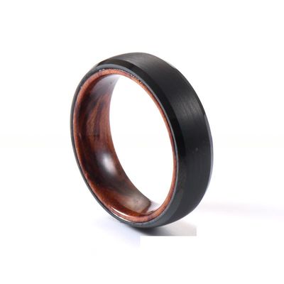 Tungsten Ring Men's Women's 6mm Silver or Black Plated Wedding Engagement Band Rose Wood Inside Beveled Edges Comfort Fit