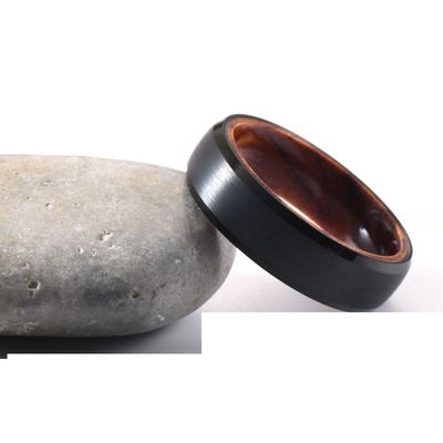 Tungsten Ring Men's Women's 6mm Silver or Black Plated Wedding Engagement Band Rose Wood Inside Beveled Edges Comfort Fit