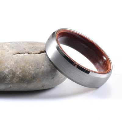 Tungsten Ring Men's Women's 6mm Silver or Black Plated Wedding Engagement Band Rose Wood Inside Beveled Edges Comfort Fit
