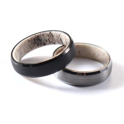Men's Women's 6mm Tungsten Ring with Silver or Black Plated Finish Natural Deer Antler Inlay and Beveled Edges Trendy Style